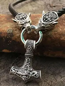 Vintage Hammer & Wolf Charm Braided Matching Necklace for Men, Trendy Punk Grunge Jewelry, Gothic Mystery Jewelry, Goth Accessories As Xmas Gift for Boyfriend