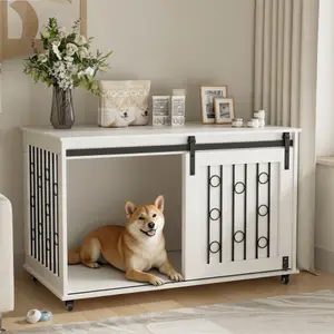 【Bellemave】39.37'' Modern Wooden Dog Crate Furniture with Sliding Barn Door and Side Door, Indoor Dog Kennel End Table for Small to Medium Dogs, Decorative Pet Crate with Metal Bars and Lockable Wheels – White