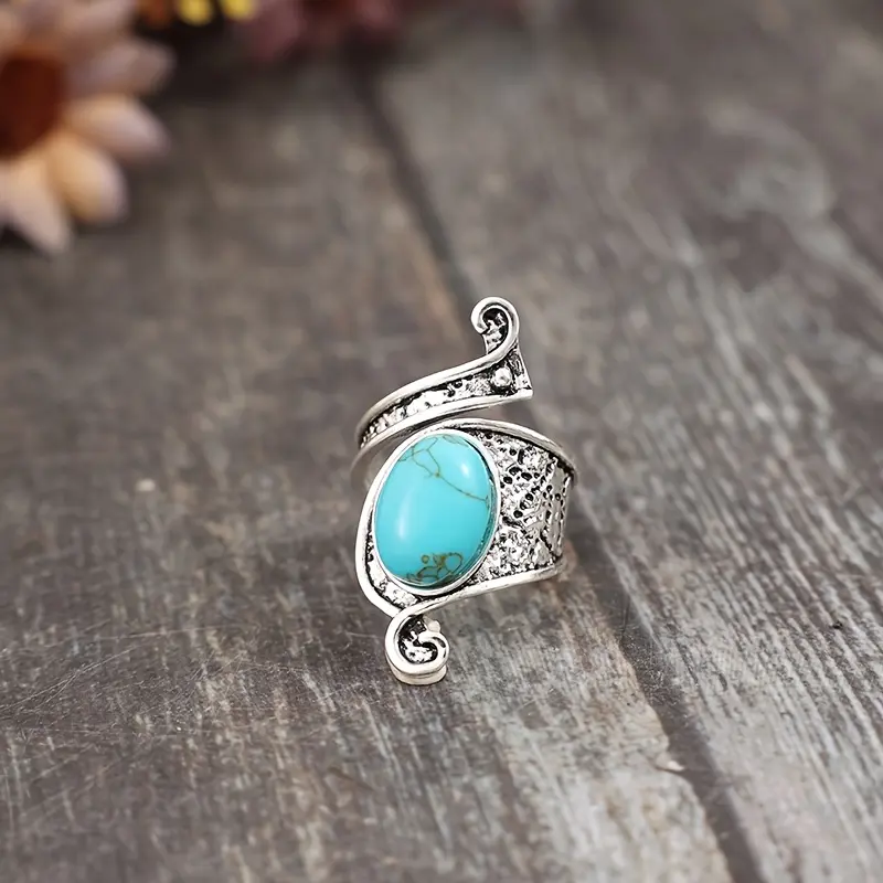 A New Bohemian Style Vintage Inlaid Water Drop Synthetic Turquoise Alloy Fashion Open Ring for Men