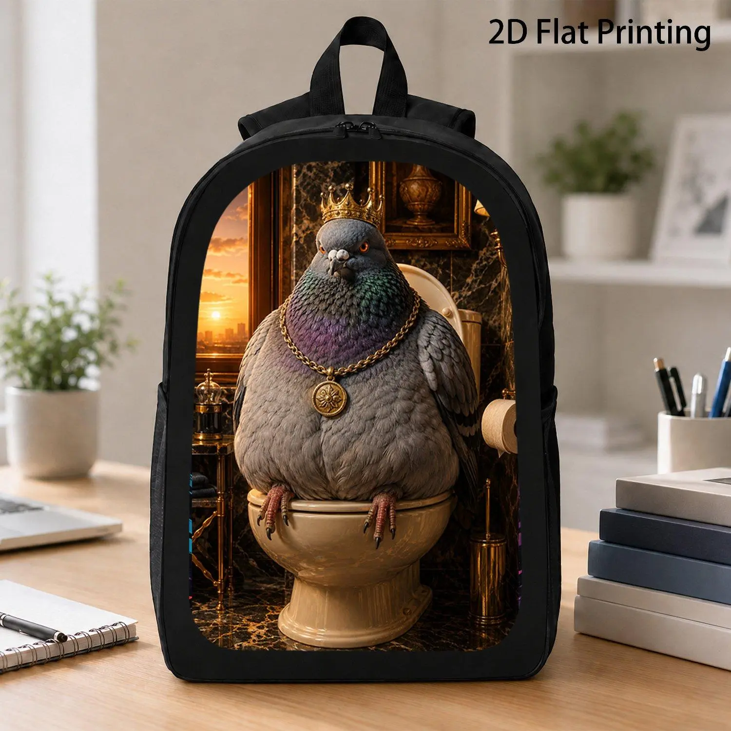 17 Inch Backpack 1pc Royal King Pigeon On Luxury Toilet Graphic Unique Novelty Wildlife Bird Art Fashion Travel School Laptop Bag Stylish Everyday Carry Backpack
