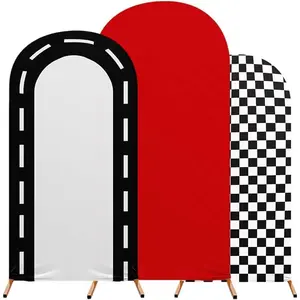 Red Arch Backdrop Cover Arch Covers Stretchy Backdrop Set of 3 Checkered Racing Theme Arch Cover Stand 4ft, 5ft, 6ft Spandex Arch Cover for wedding receptions, and birthday party decorations