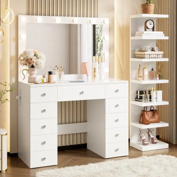 [Bellemave]Vanity Desk with 11 Hollywood Bulbs & 7-Tier Storage Shelves , Makeup Vanity Desk with Power Outlet and 11 Drawers, 3 Color Lighting Modes, Dressing Table with Display Shelf Crystal Handles,White