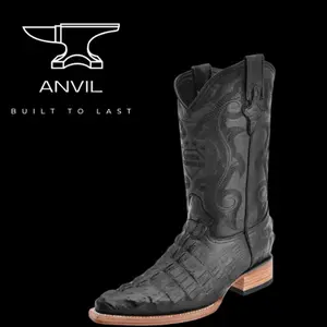 Anvil Black Embossed  Boots 3x Round Toe Winter Leather Sole Stacked Heel WD 124