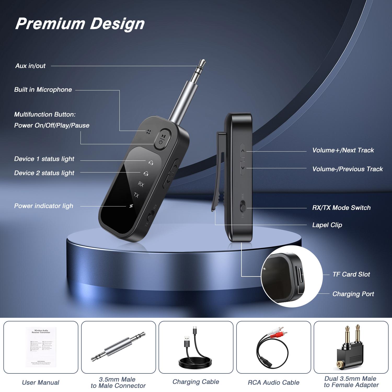 Canvcle Bluetooth 5.4 Transmitter Receiver 2-in-1 Airplane Wireless Adapter for Flight Supports 2 AirPods Headphones Low Latency TF Card Aux Adapter for Airplane TV Car Gym