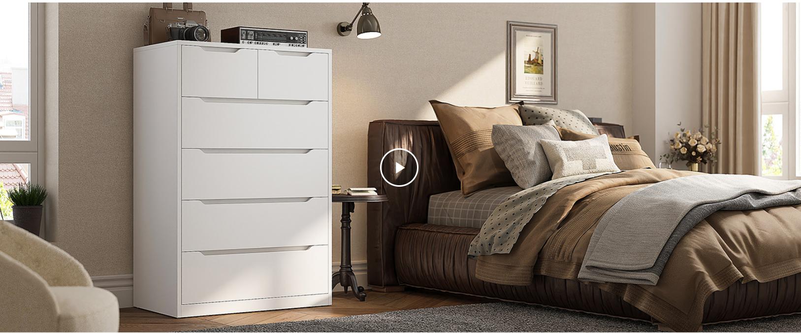 Raybee 6 Drawers Dresser for Bedroom, Modern Chest of Drawers, Black Dresser with Large Organizer, Deep Drawer and Smooth Metal Rail