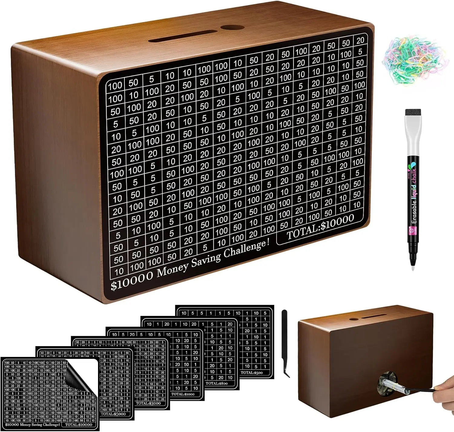 Wooden Money Saving Box, Cash Vault Savings Box for $10000 $5000 $3000 $1000 $800 $500 Target Money Saving Challenge, Reusable Money Box with Counter, Dry Erase Pen/Savings Trackers/Rubber Band-Brown