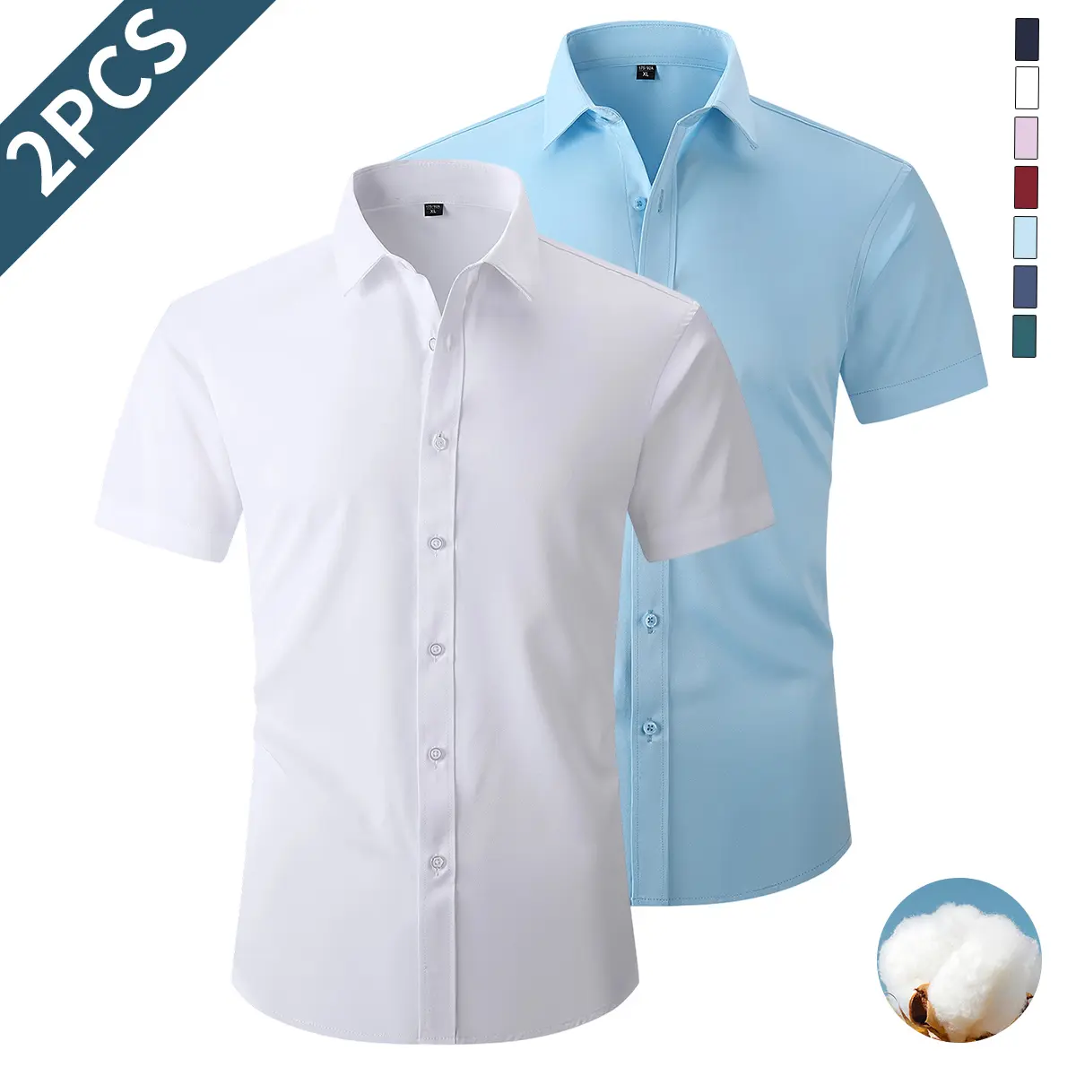 Men's 2-Piece Plain Short-Sleeve Dress Shirts Set, Menswear, Turn-Down Collar, Button Closure, Open Front, Slim Fit, Cotton-Feel Thin Fabric, Tailored Shoulders, for Business Casual Summer & Everyday Outings