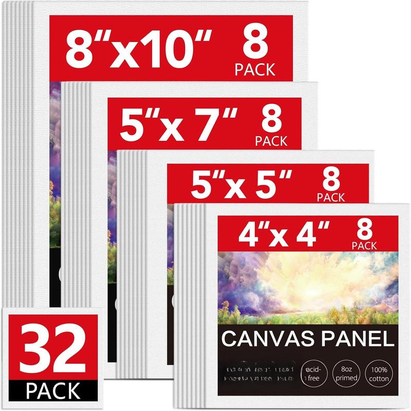 Canvas for Painting, 32 Pack Multi-Size Canvas Boards for Painting 8 count of Each 4x4, 5x5, 5x7, 8x10 Blank Canvases-Cotton Primed Painting Canvas Panels for Adult &  for  Oil