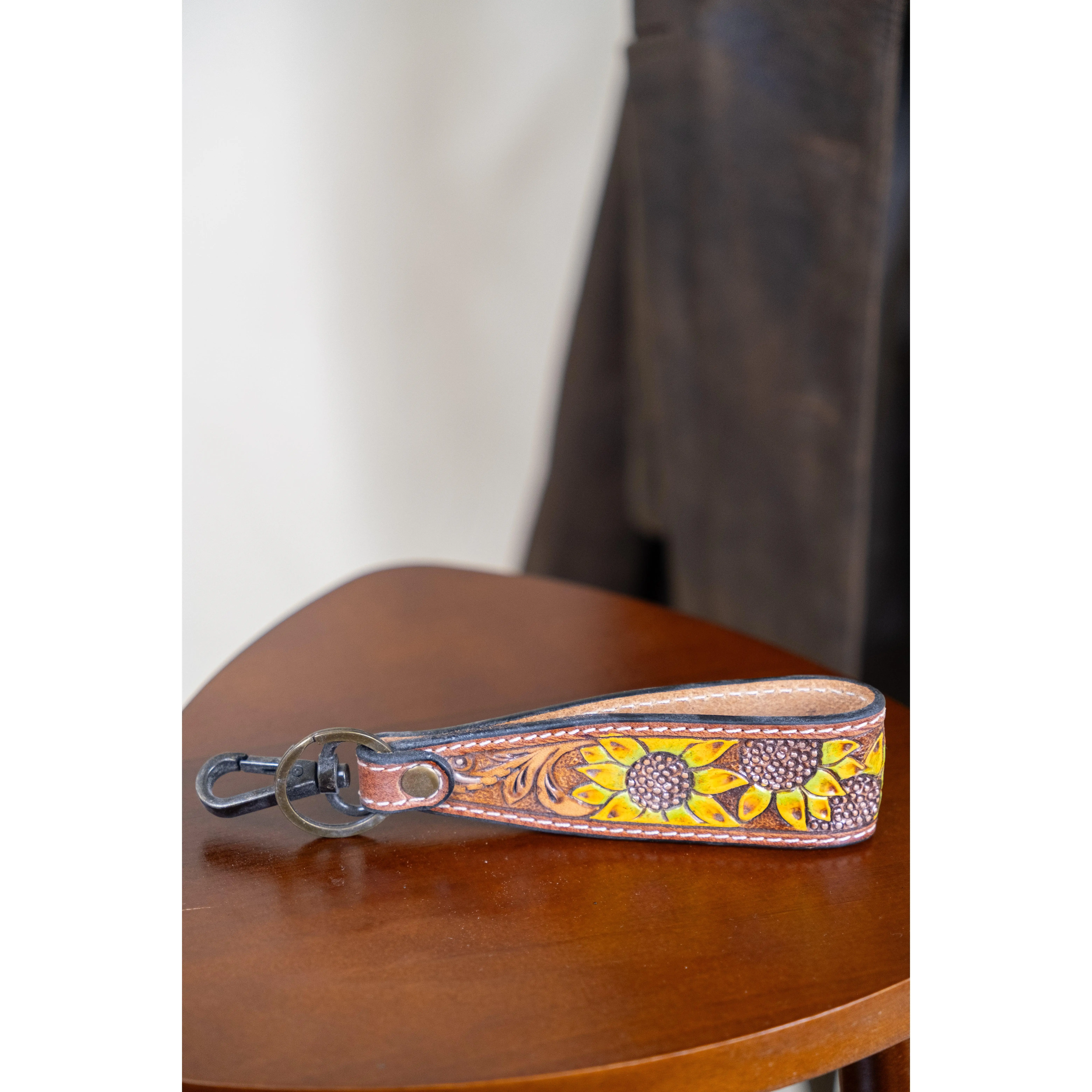 Sunflower Bloom Tooled Leather Keychain Wristlet