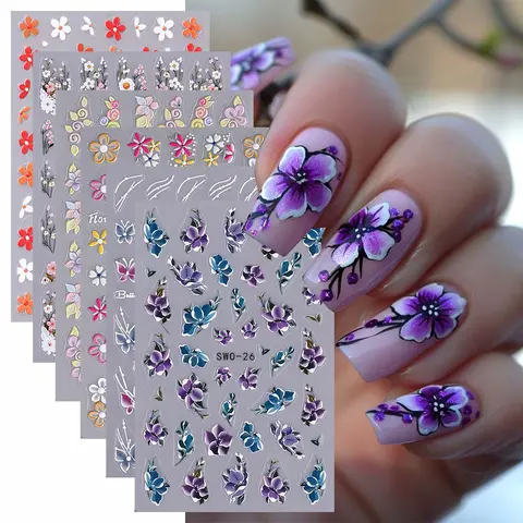 Flower Pattern Nail Art Sticker (6 Counts), Self Adhesive Nail Decal, DIY Nail Art Decoration for Women & Girls, Flower Design Nails, Nail Designs, Flower Nail Stickers