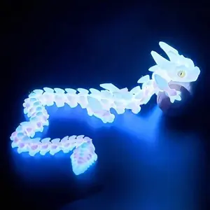 3D Printed Crystal Dragon Statue with Night Glow Rainbow Light and Fluorescent Scales, Multi-Jointed Moving Body, Durable Plastic Figurine