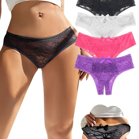 Women Crotchless Cheeky Panties Sexy Lace Thongs Trim Plus Size Low Rise Underpants Briefs Hipster Thong Soft Comfy Breathable Curvy Sheer Knickers for All Seasons Elastic Womenswear Fit Honeymoon Vacation Special Night Gift Lingerie Underwear S-4XL