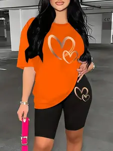 Heart Print Women's Round Neck Short Sleeve Top and Shorts Set, Womenswear, Casual Two-Piece, Letter Pattern, Fitted Style, Daily Wear, Shorts Sets Outfits, Lady, Clothes