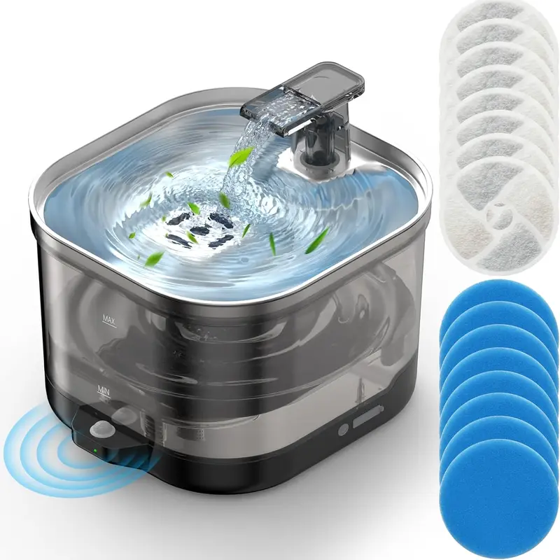 Automatic Water Feeder Fountain for Cats - Cordless Steel&Plastic 2L BPA-Free Detachable Easy-to-Clean Tank, 5000mAh Rechargeable Power Supply (50 Days Battery Life), Motion Sensor, 20dB Quiet Pump, 4-Stage Filter (8PCS Included), Bathroom Pet Hydrator