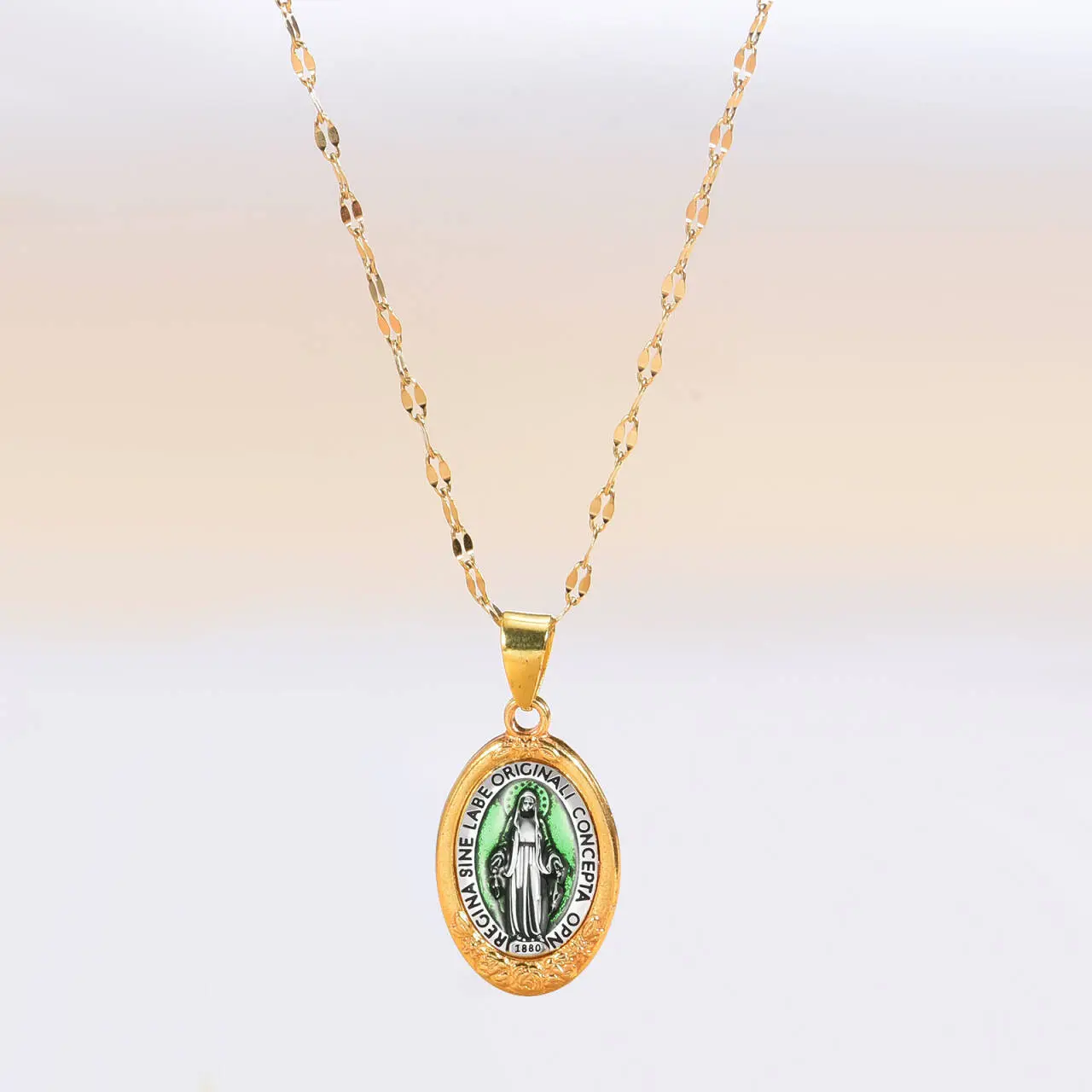 Religious Catholic Miraculous Medal Necklace - Green Enamel Accent Faith Jewelry Spirituality Devotion