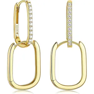 Thunaraz 1 Pair Gold Cubic Zircon Hoop Earrings & Silver Rectangular Huggie Hoop Earrings, Lightweight Paperclip Chain Earrings for Women, Simple, Elegant & Fashionable