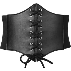 Black Corset Waist Belt for Women, Wide Elastic Tie Waspie Belt for Dresses 4.7 inch