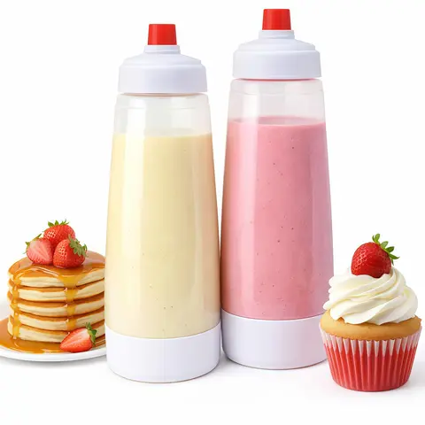 4.5-Cup (1000ml) BPA-Free Plastic Handheld Pancake Batter Dispenser Container - Commercial-Quality Build, 0.5lb Capacity, Detachable 1-Click Nozzle, Reusable Silicone Bakeware with Measuring Scale, Blender Balls, Easy-Pour Spout for Parties