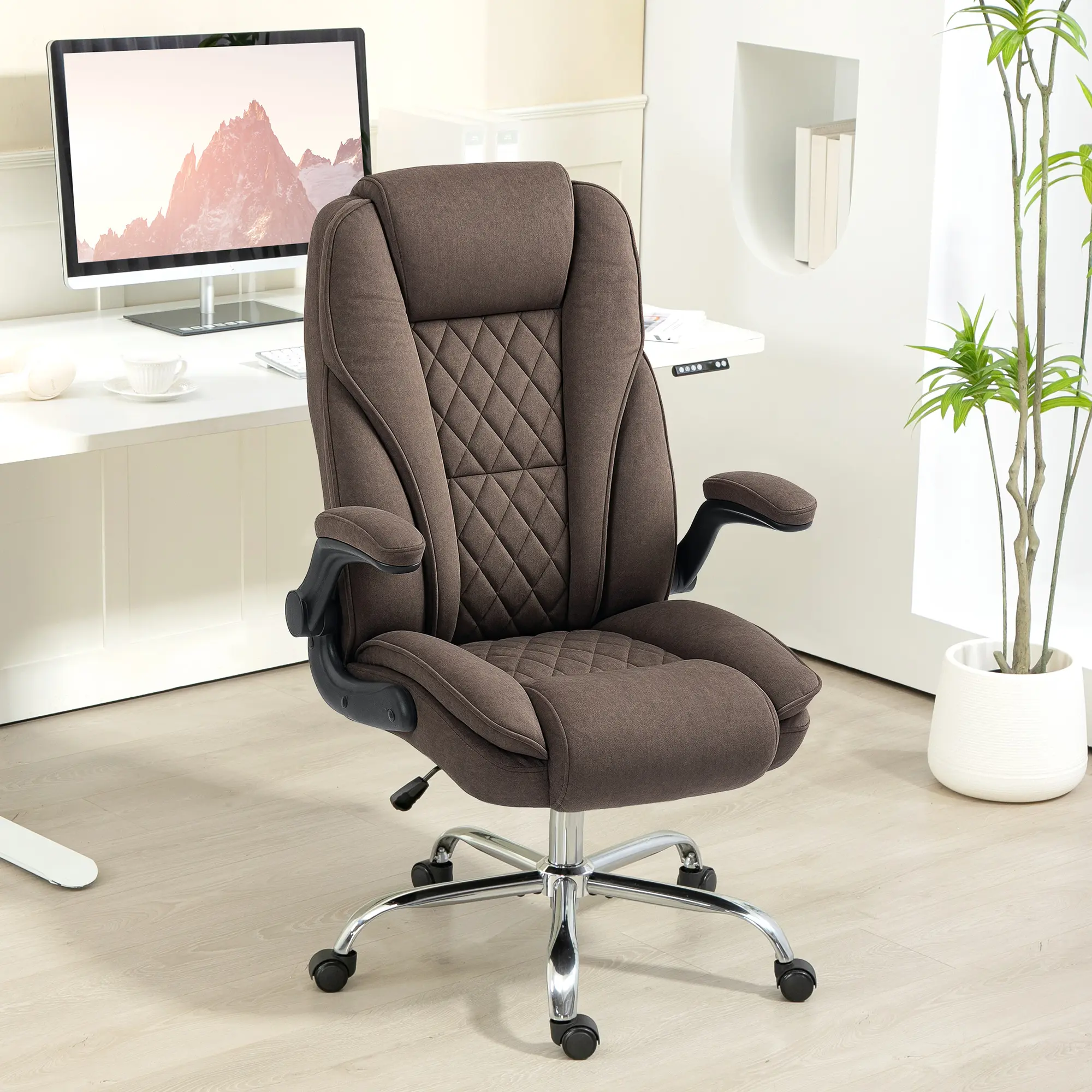 Luxury Dark Brown Diamond Pattern Fabric Executive Office Chair - Adjustable Flip-up Arms, Ergonomic Support for Long Work Hours at Home or Corporate Computer Desks