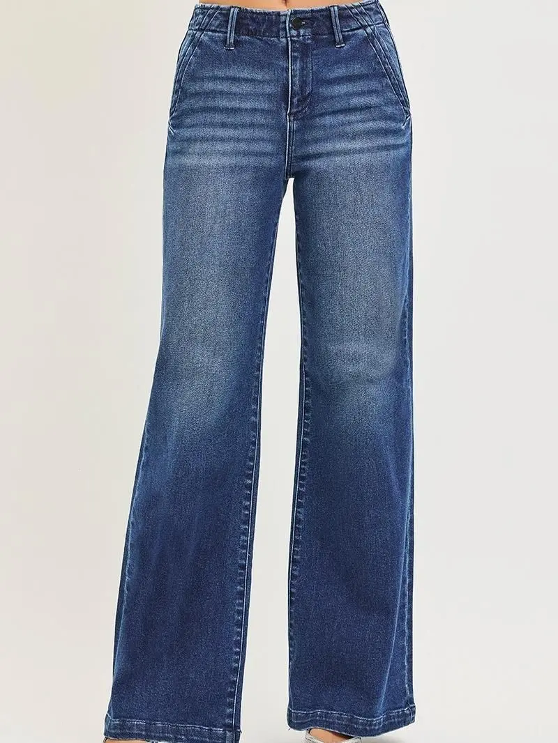 RISEN High Rise Wide Leg Slanted Pocket Jeans