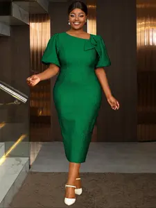 Plus Size Dress AM050130, Floral Embroidered Bubble Short Sleeve A-Line Skirt, Elegant Package Waist Design, Perfect for Summer Events