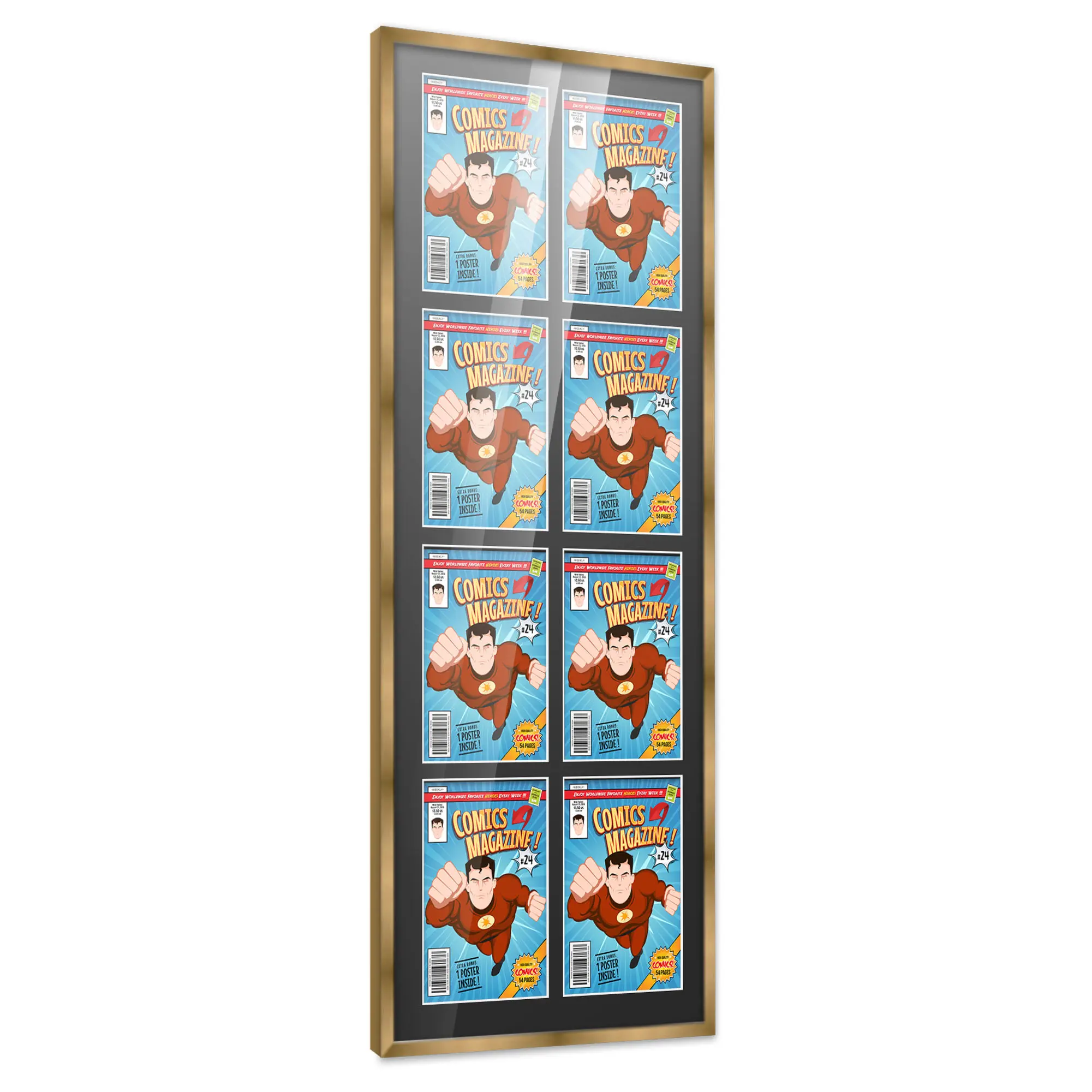 Comic Book Frame with Mat for 8 Bronze Age Comics Published Between 1970 and 1985 - Bronze Wood Comic Frame With Black Mat for 7.25x10.5 Comics - 20x50.5 Frame Size