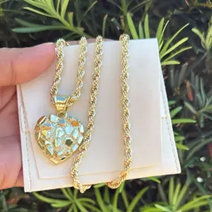 14K Gold Plated Nugget Pendant and Necklace - Textured Heart Minimalist Rope Chain 24" 5mm Pendant 25mm Necklace for Men/Women Unisex