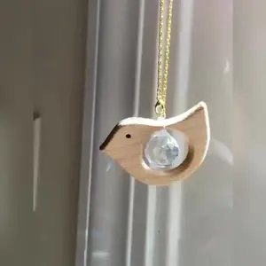 1PC Wooden Bird & Rainbow Crystal Dreamcatcher Pendant – Cute Car Rearview Mirror Charm, Garden Window Hanging Decor, Boho Handmade Gift for Women