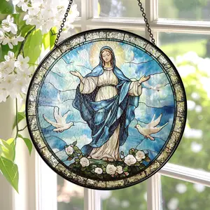 Virgin Mary Stained Glass Suncatcher, Christian Wall Art, Our Lady of Grace Religious Window Hanging, Catholic Gift, Christmas Home Decor