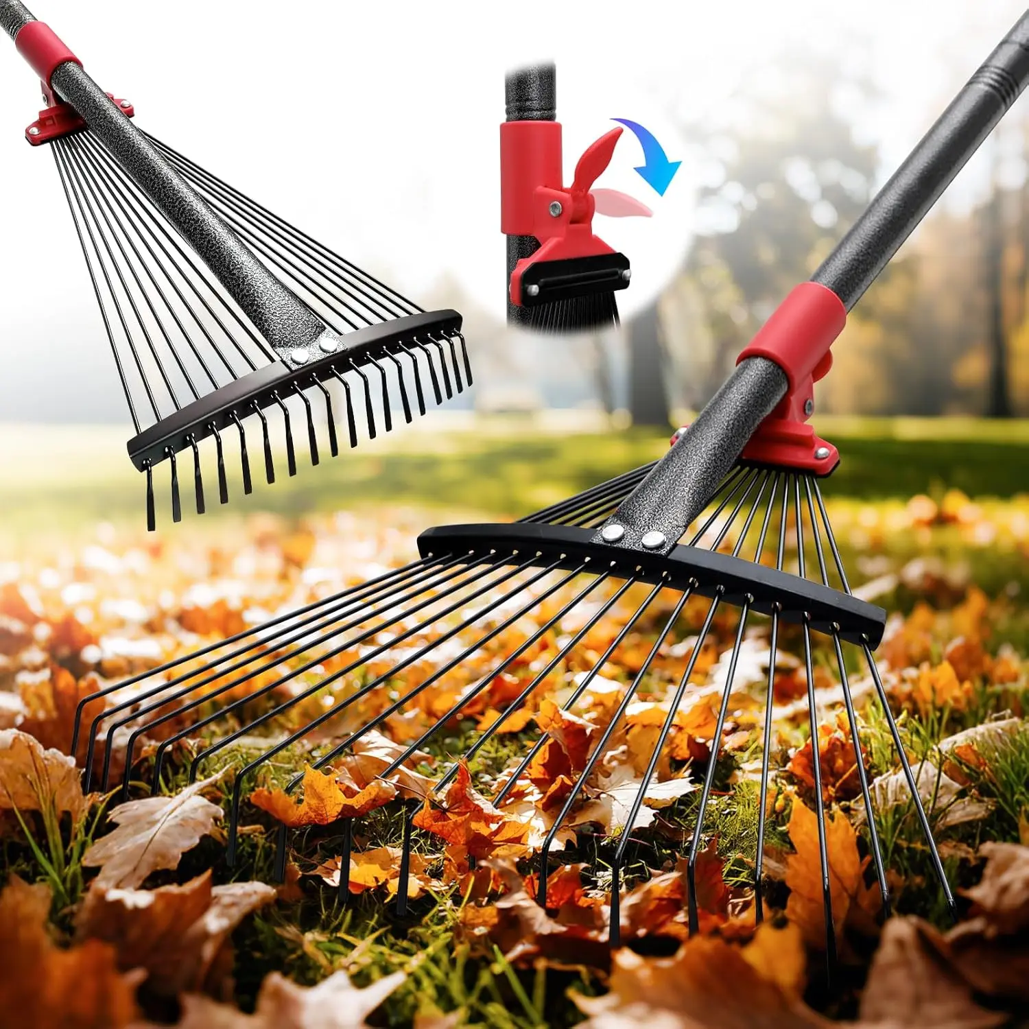 Collapsible Rake for Leaves - 70" Adjustable Long Handle Yard Rake, Expandable Metal Steel  (8"-17"), Garden Leaf Rakes for Gardening Beds, Lawn,Narrow Shrub,Pine ,Outdoor Camping