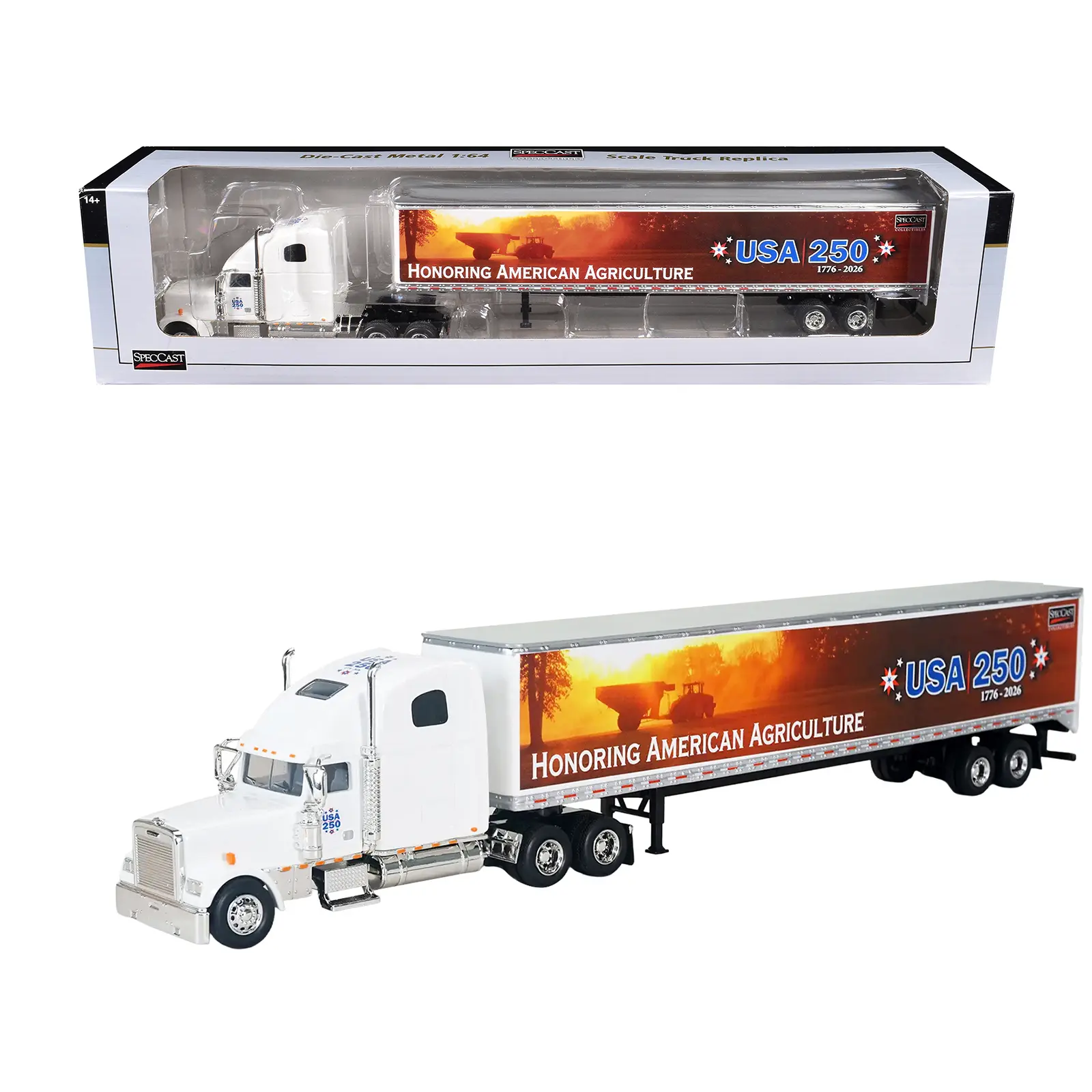 Freightliner Classic XL Sleeper Cab White with Trailer "Honoring American Agriculture - USA 250" 1/64 Diecast Model by SpecCast