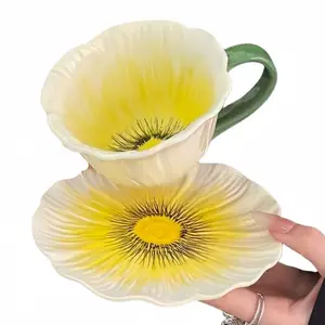 Elegant Floral Espresso Cup Set, Microwave & Dishwasher Safe, 10 Oz Tea Cups and Saucers, Ceramic Flower-Shaped Cappuccino Cup, Latte Cup