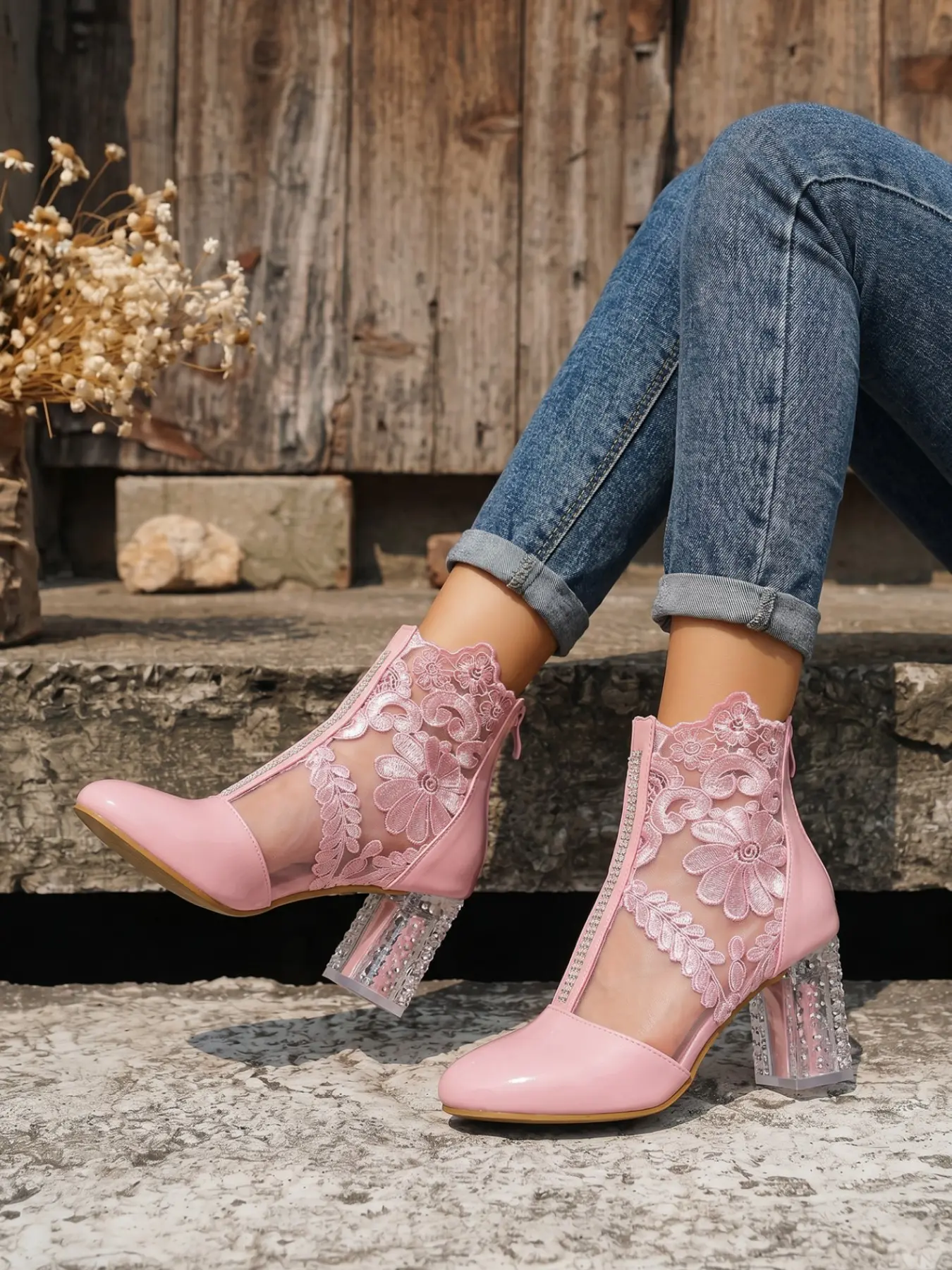 European Style Lace Mesh Short Boots for Women, Rhinestone Heel Breathable Anklet Boots, Spring Summer Sweet Back Zipper Fashion Boots