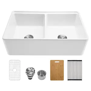 33x20 Inch Farmhouse Kitchen Sink, Undermount Double Bowl, Fireclay White Kitchen Basin, Durable And Easy To Clean, Noise-Reducing, Slam-Free Operation, Suitable For Renovation And New Kitchen Installations