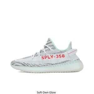 Grey, White and Ice Blue Knit Low-Top Sneakers with Red SPLY-350 Lettering and Translucent Cushioned Midsole