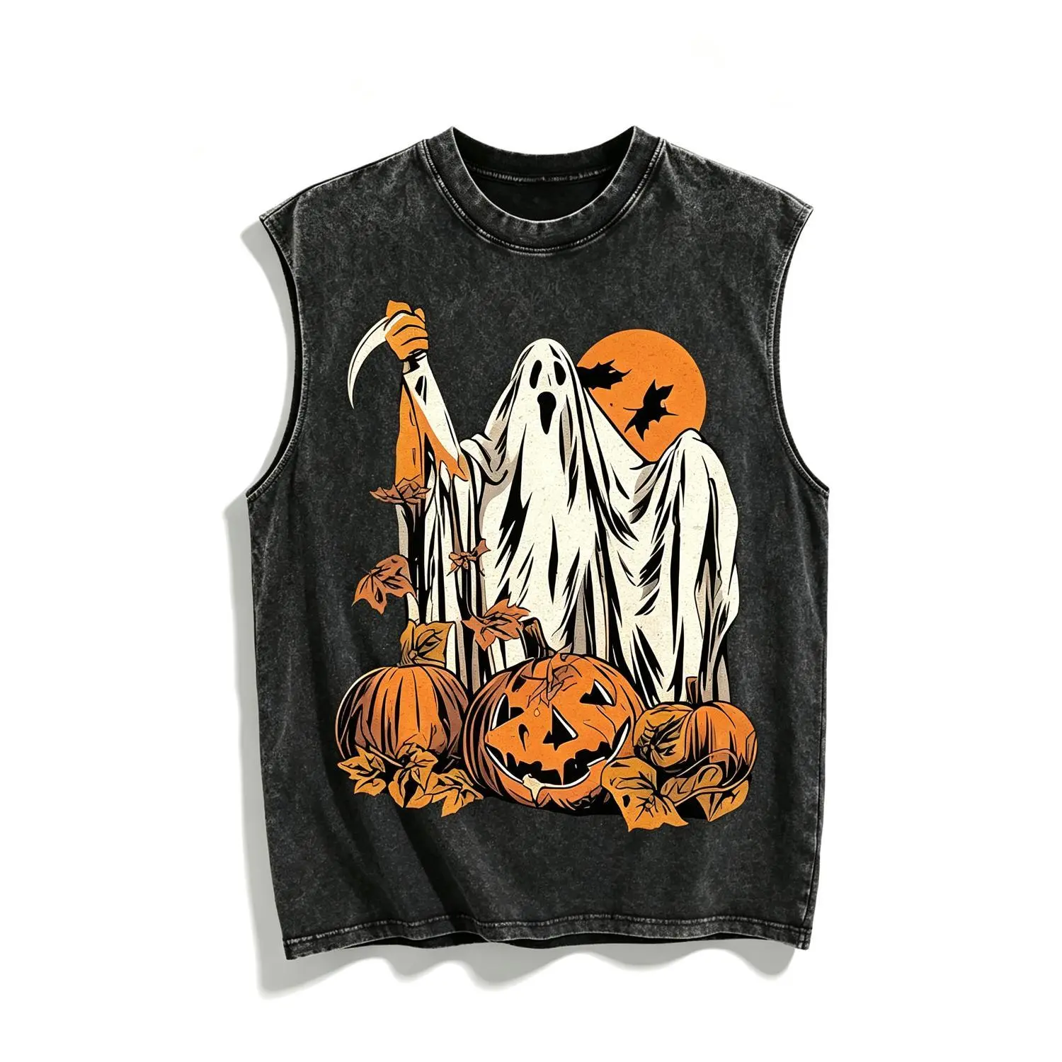 Men's Halloween Maroon Sleeveless Tank Top - Heavyweight Washed Cotton Casual Loose-Fit Menswear Vest, Round Neck, Spooky Ghost & Jack-O'-Lantern Print, Breathable, Machine Washable, Multi Size, for Costume Parties & Gym