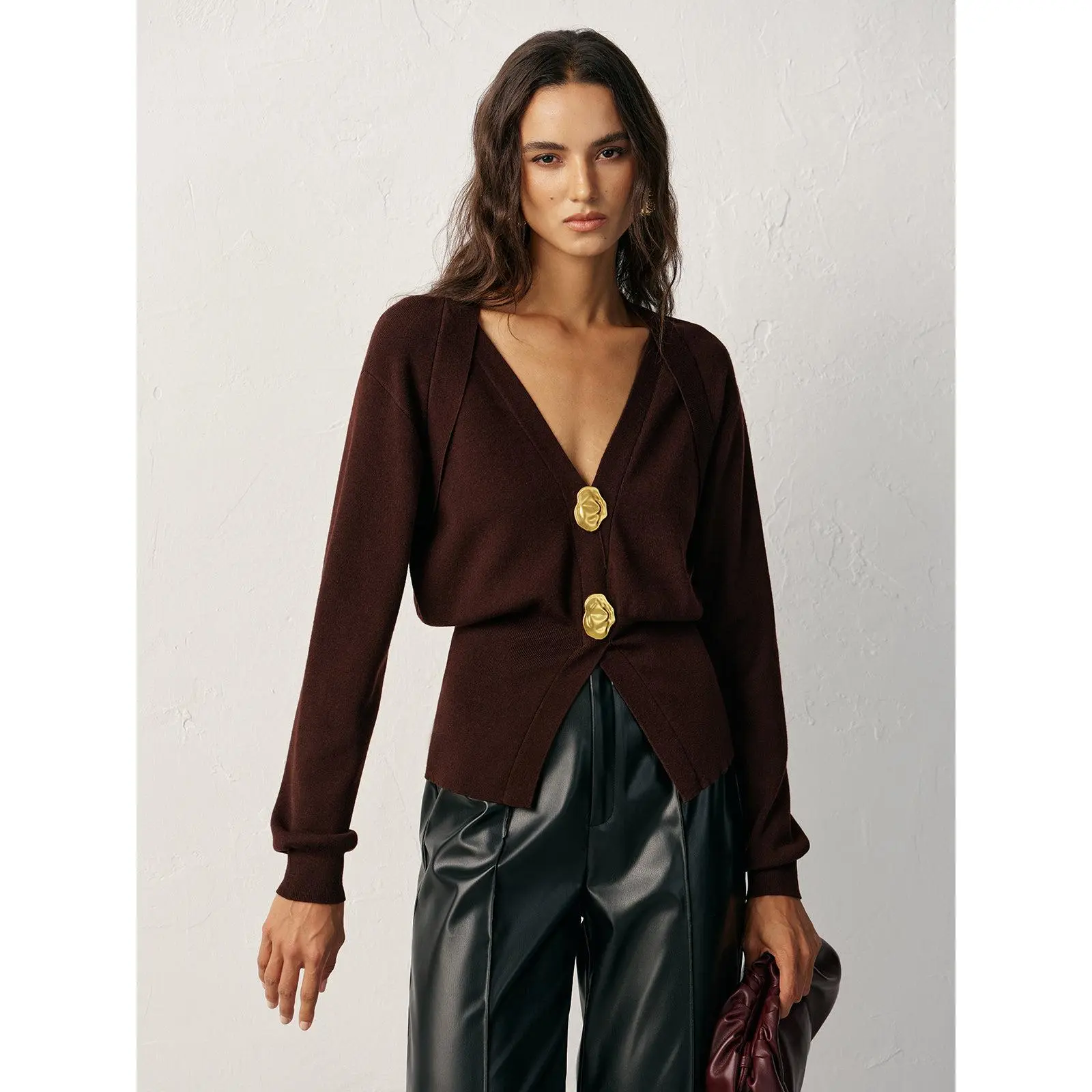 Metal Button V-Neck Knit Cardigan