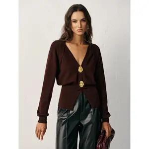 Metal Button V-Neck Knit Cardigan