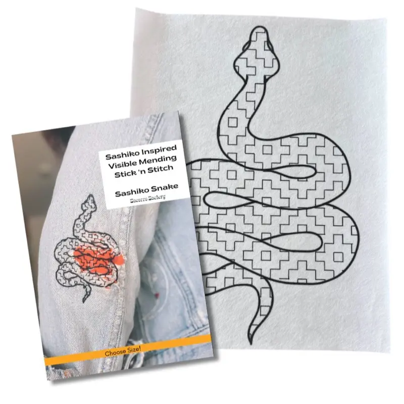 Socorro Society Sashiko Snake Embroidery Pattern, Visible Mending Stick-and-Stitch Sewing Supply