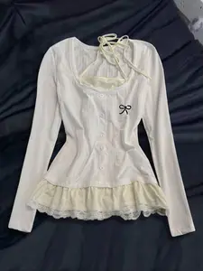 Y2K Women's Harajuku Aesthetic Vintage Two-Piece Design Top, Blouse, Casual Lace Long Sleeve Shirt, 2000s Spice Babe Strapless Tee, Fall Winter T-Shirt