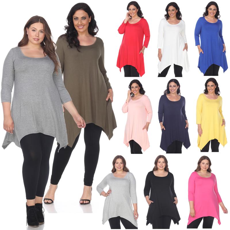 White Mark Women's Plus Size Quarter Sleeve Tunic Top with Side Pockets Comfort Blouse Womenswear