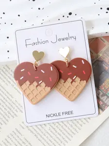 Valentine's Day Acrylic Soft Clay Carved Waffle Chocolate Earrings, Elegant Heart Alloy Studs, Cute Sweet Ear Jewelry for All Seasons, Hypoallergenic Earrings, Trendy Jewelry