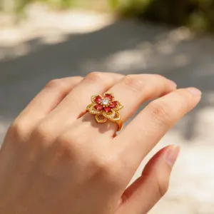 Gift for Women Birthstone Flower Adjust Ring Gold Plated Dainty Decompression Ring  Rotatable Crystal Silver Blossom Pendant Necklaces Adjustable Spinning Fidget Rings  Funny Summer Jewelry Gift for Women Worry Ring