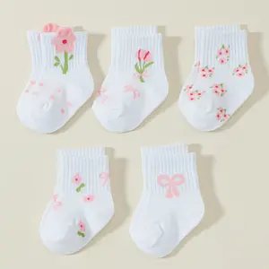 5 Pairs Spring Autumn Baby Socks with Flower Bow Design, Cute and Comfortable Knee High Socks, Perfect for Birthday Gifts, Soft Comfy Socks, Cute Textured Socks