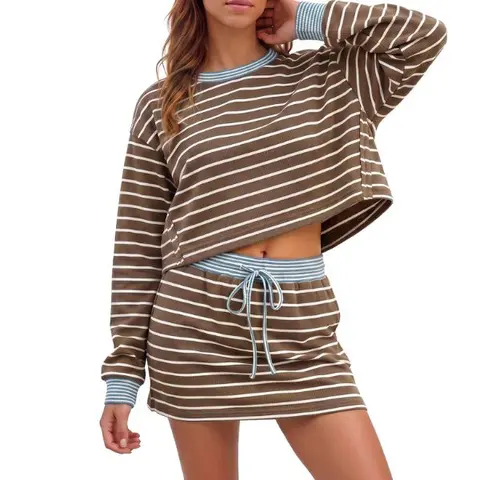 Fisoew Women's Fashion 2-Piece Casual Striped Knit Loungewear Set - Loose Oversized Lightweight Crew Neck Long-Sleeve Sweatshirt Top, Adjustable Drawstring Ribbed Elastic-Waist Short Skirt with Comfortable Fabric & Flattering Fit