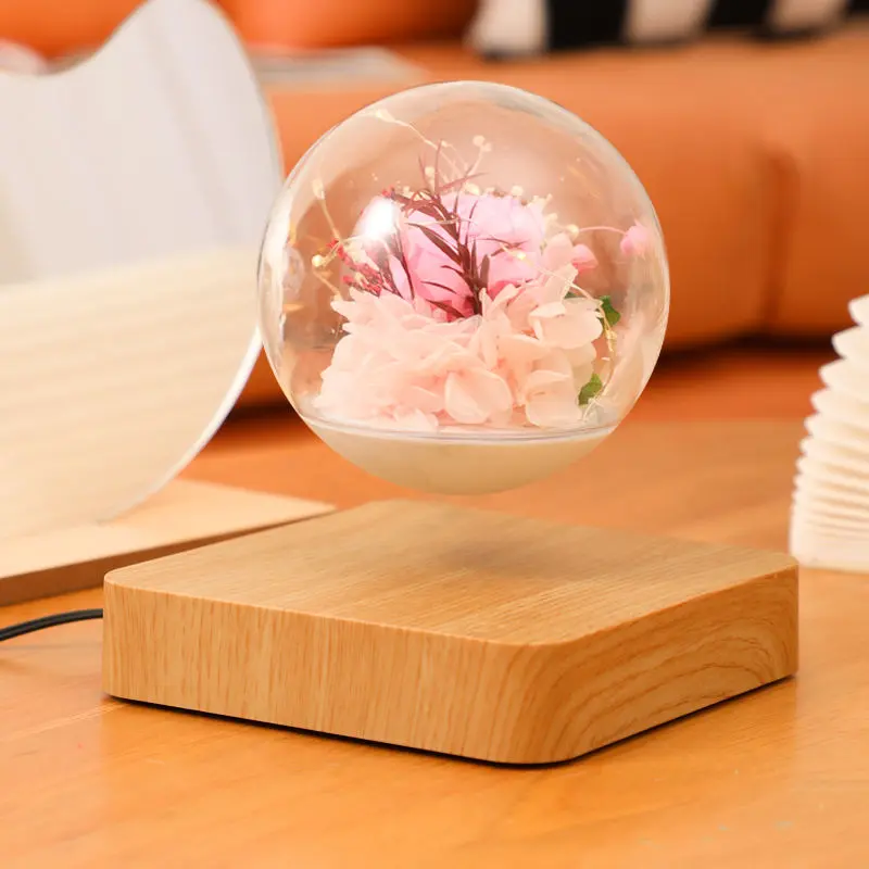 Magnetic Levitation Preserved Flower LED Light Lamp - Floating Spin Crystal Ball Decorative Ambient Lamp, Electronic Lights for Bedroom, Romantic Home Decor Gift for Her