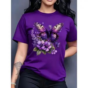 100% Cotton Women's Turquoise Blue Butterfly and Lilac Flower Print Short Sleeve Round Neck Casual Top - Machine Washable, Comfortable for All Seasons, Suitable for Daily Wear and Garden Parties - Multiple Colors Available, Lightweight Base Shirt, Trendy