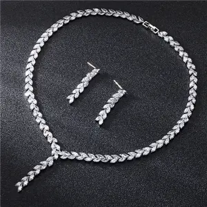 Bride Wedding Earrings Jewelry Set with Zircon Inlay Copper Material Women's Necklace & Earrings Set Red Green Blue White Options