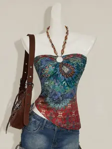 Glamine  Women's Floral Print Hoop Connector Halter Neck Camisole For Vacation