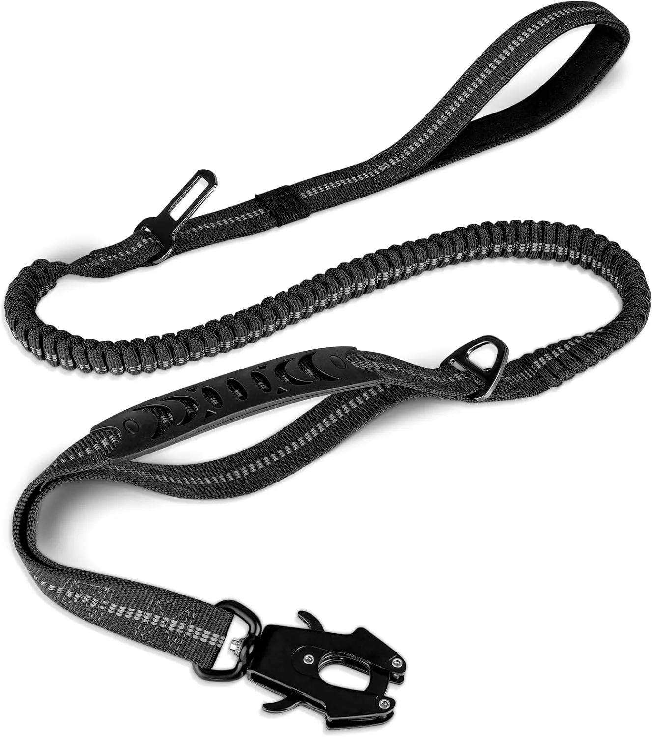 Tactical Dog Leash Heavy Duty 6ft Shock Absorbing Bungee Lead, Padded Handle, Metal Carabiner Clip, Seatbelt Buckle, Strong No Pull Lead for Training & Park Walking, Medium Large X-Large Dogs, Black, Leads, Universal Seatbelt Buckle
